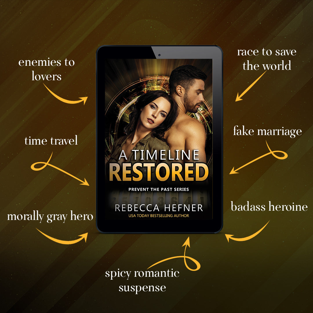 Cover and tropes for A Timeline Restored, Book 3 in the steamy dystopian romance signed book bundle